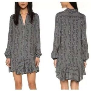 Free People Dress S‎ Small Gray Floral Long Sleeve Ruffle Hem Boho Shirt Dress